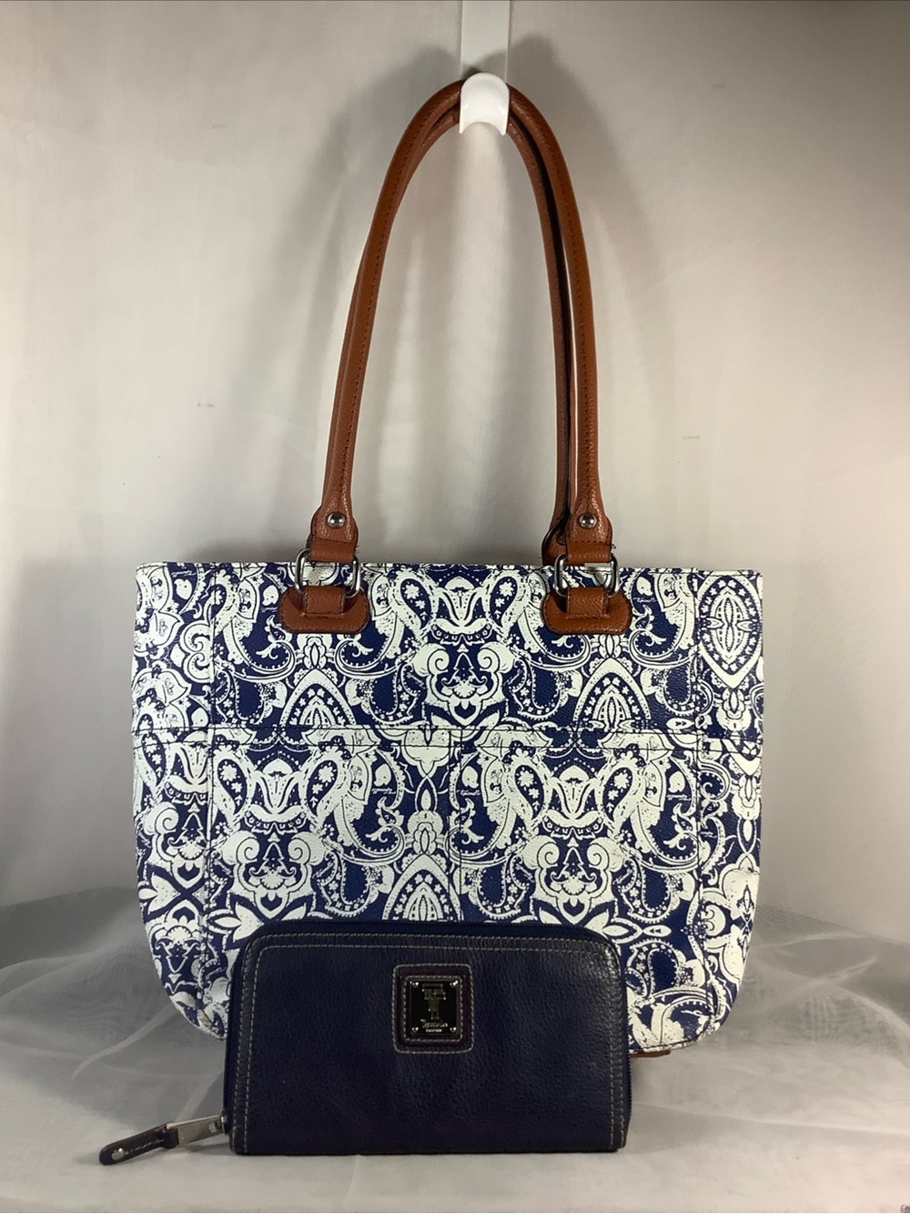 Tignanello Navy Blue Paisley Tote Shoulder Bag Brown Leather Trim + Wallet